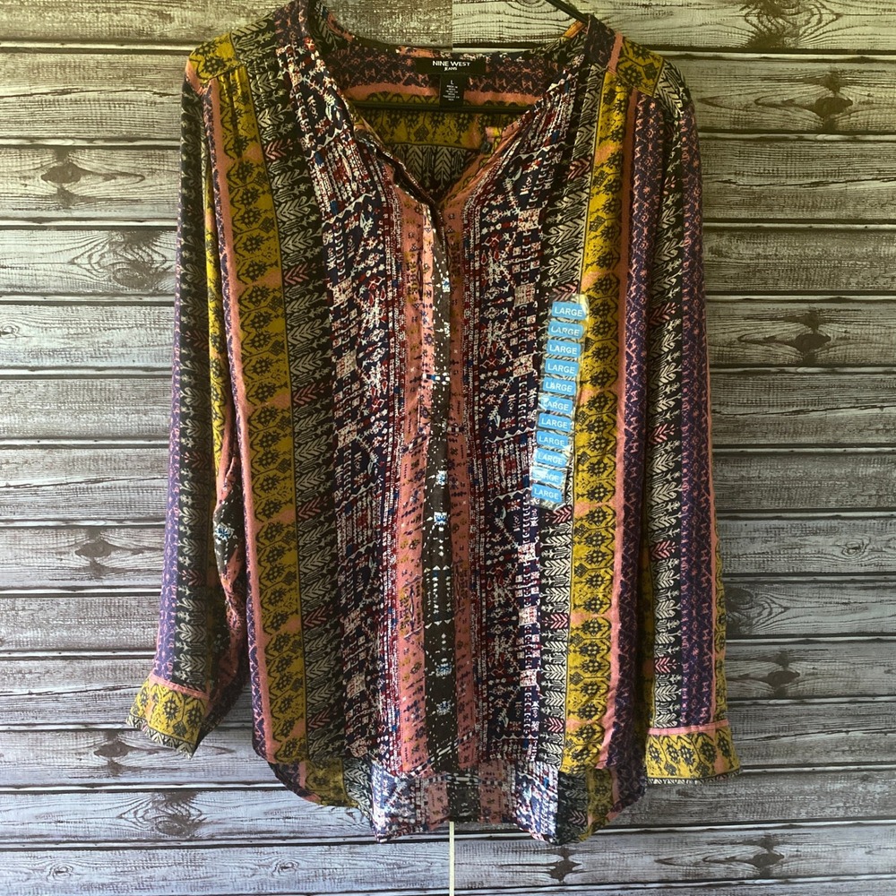 Nine West Jeans Women's Long-Sleeved Button-Down Blouse‎ Size L Multicolor NWOT